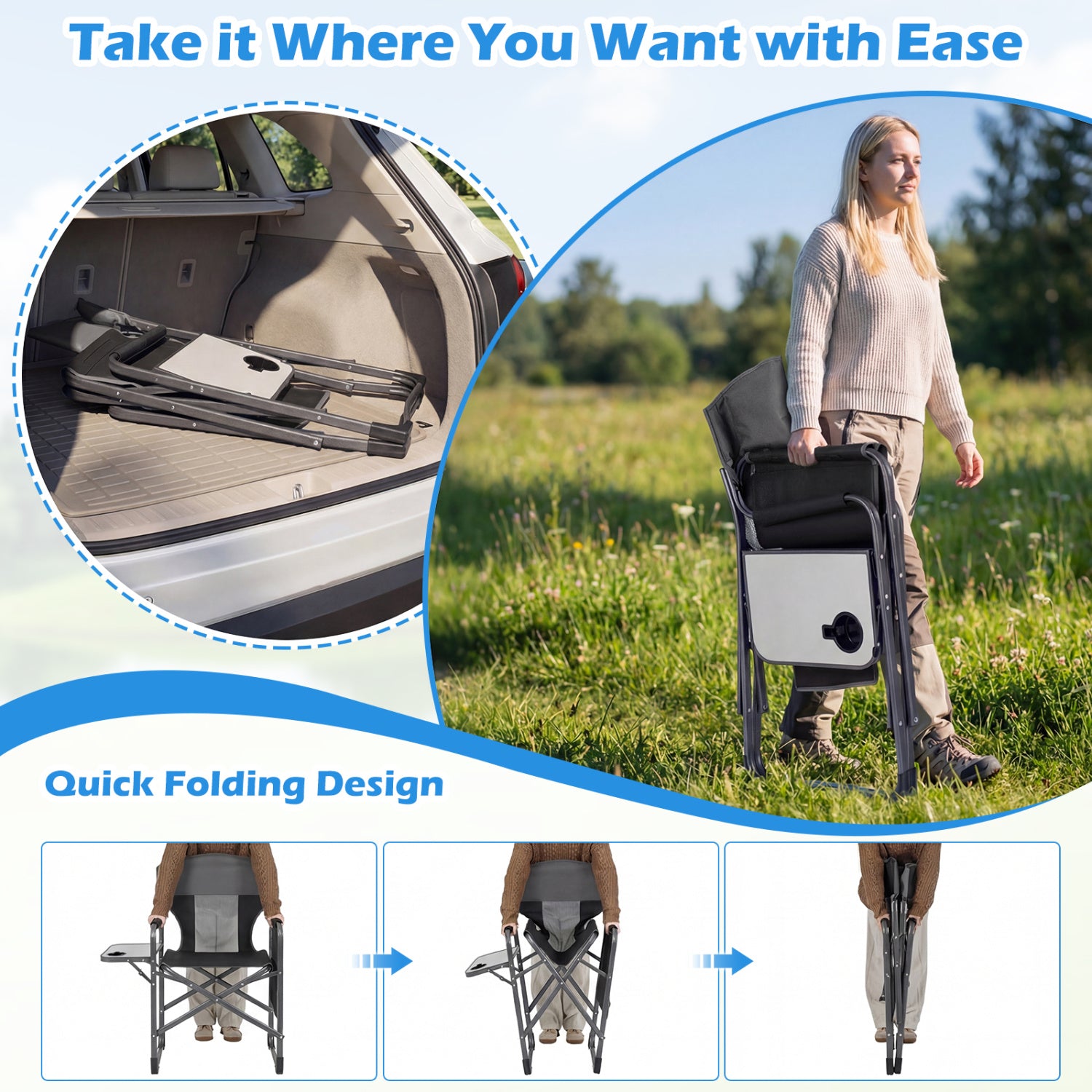 Folding Camping Chair with Cup Holder and Storage Pocket-Black