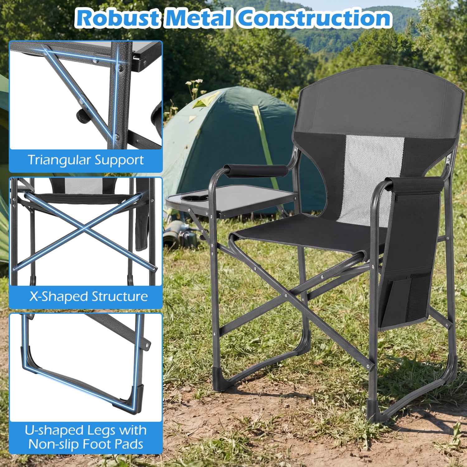 Folding Camping Chair with Cup Holder and Storage Pocket-Black
