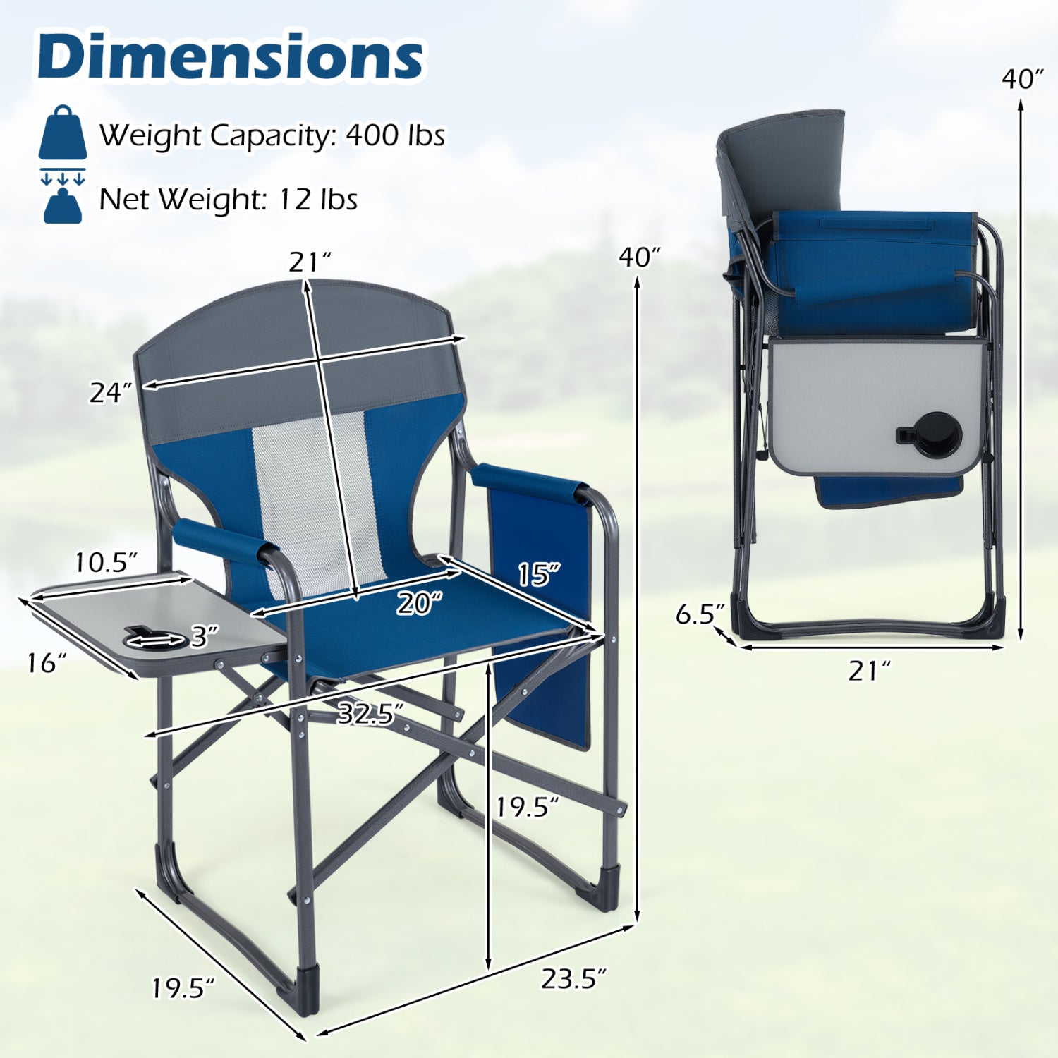 Folding Camping Chair with Cup Holder and Storage Pocket-Navy