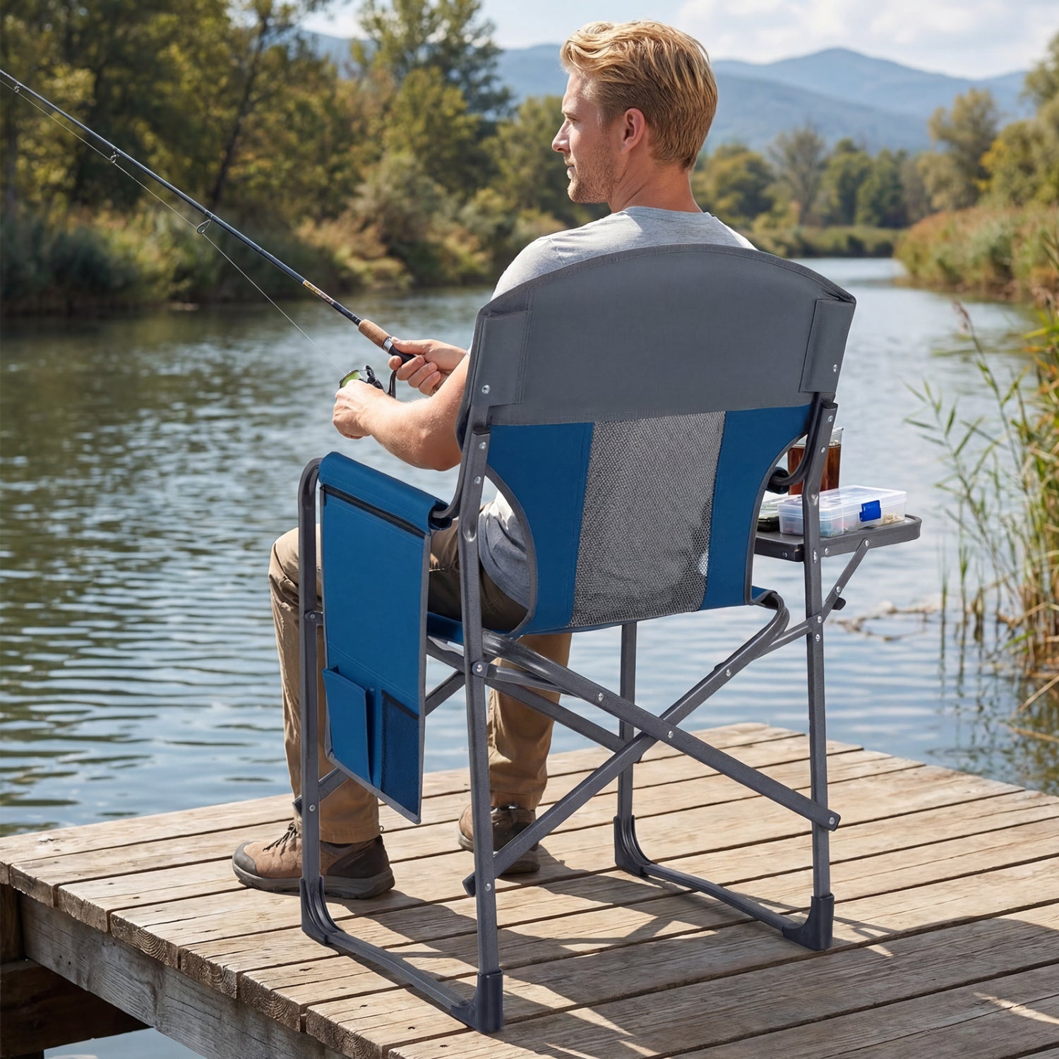 Folding Camping Chair with Cup Holder and Storage Pocket-Navy