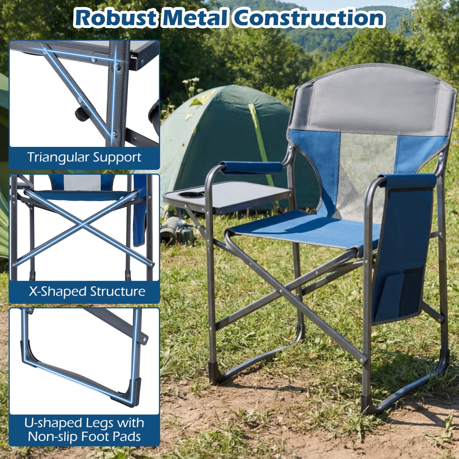 Folding Camping Chair with Cup Holder and Storage Pocket-Navy