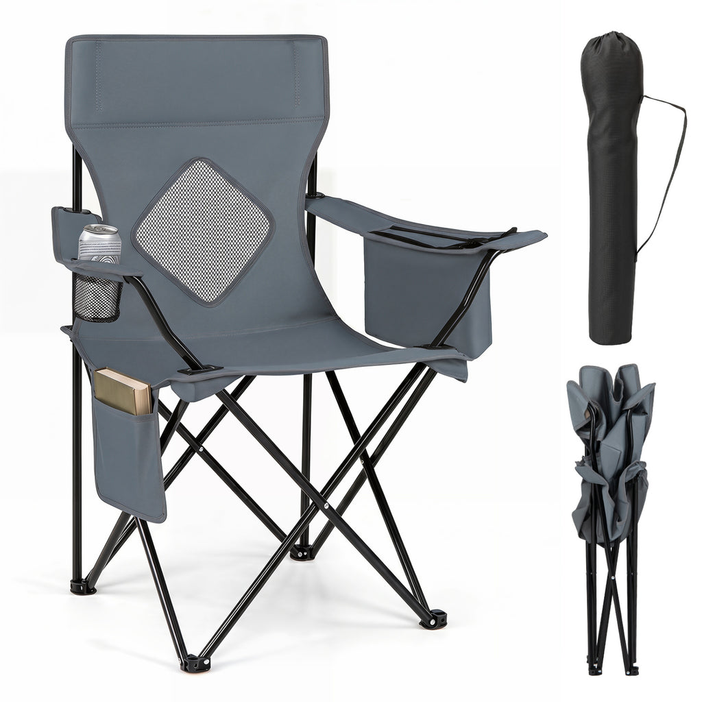 Folding Camping Chair with Mesh Fabric Backrest Solid Metal Frame and Carrying Bag-Gray