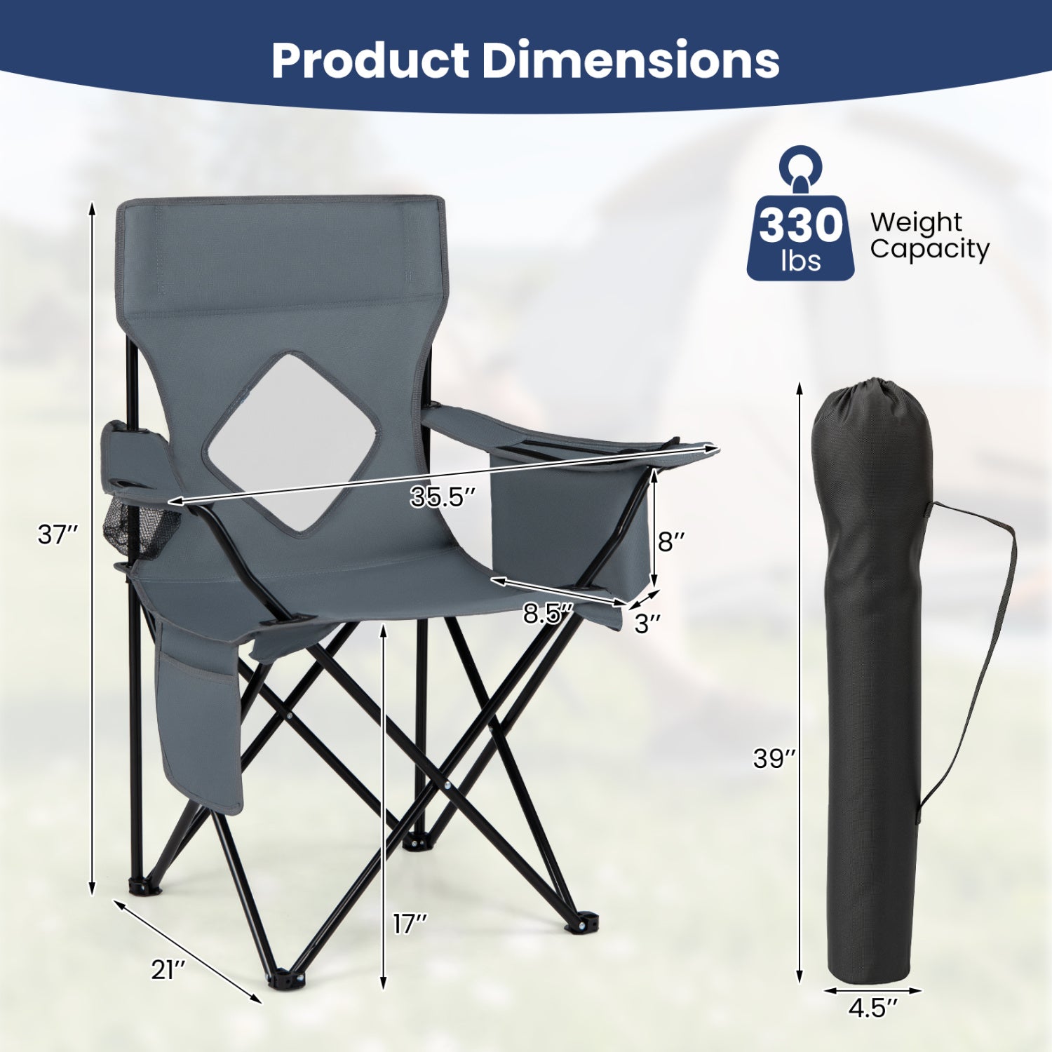 Folding Camping Chair with Mesh Fabric Backrest Solid Metal Frame and Carrying Bag-Gray