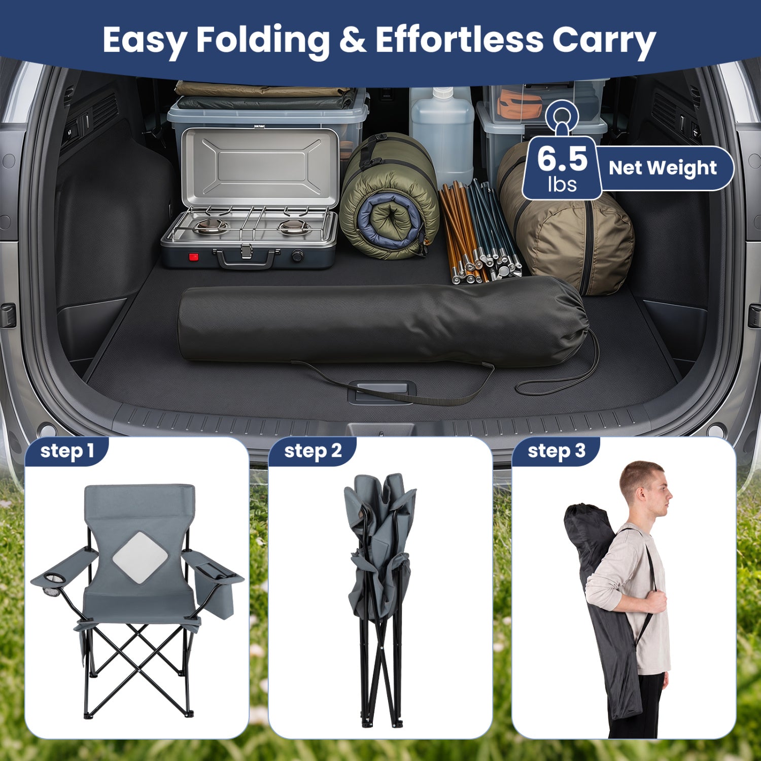 Folding Camping Chair with Mesh Fabric Backrest Solid Metal Frame and Carrying Bag-Gray