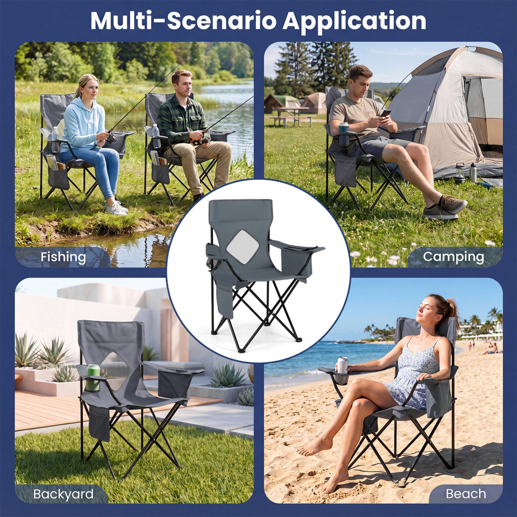 Folding Camping Chair with Mesh Fabric Backrest Solid Metal Frame and Carrying Bag-Gray