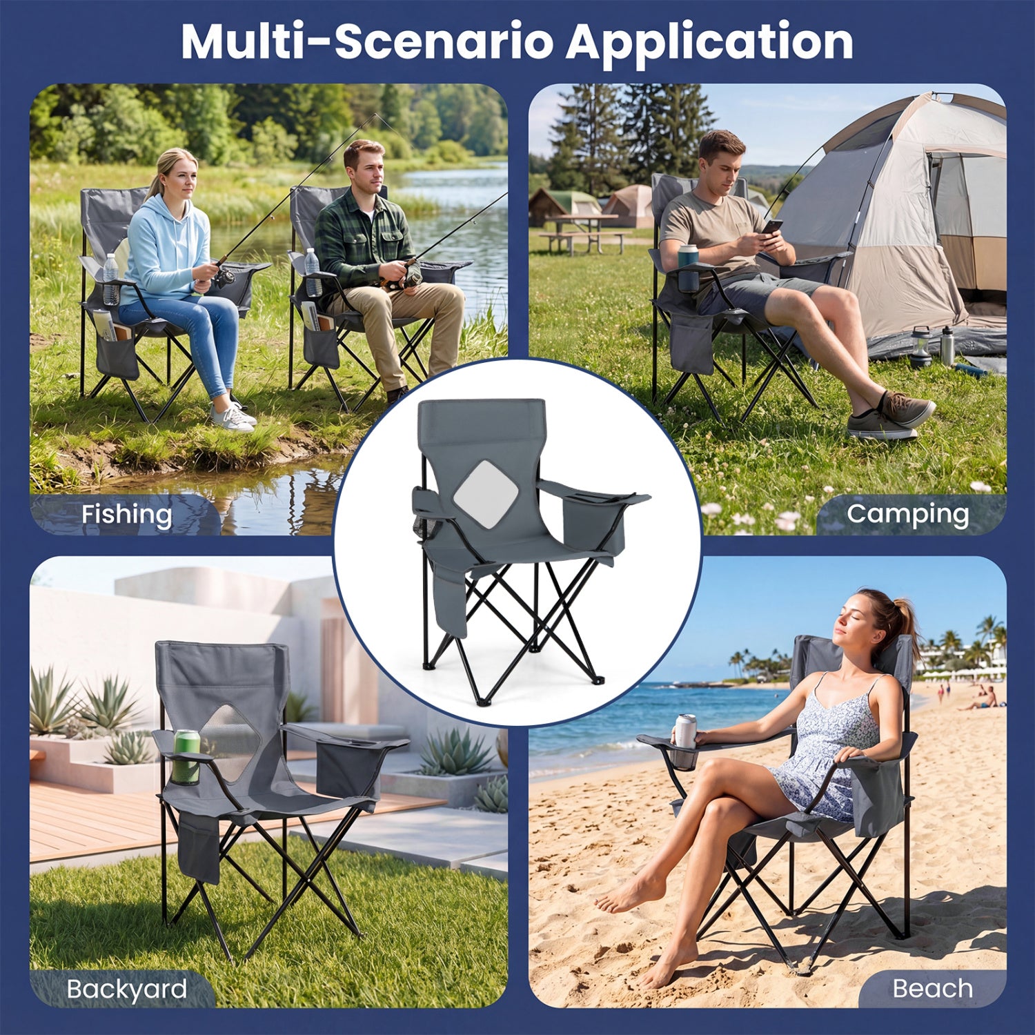 Folding Camping Chair with Mesh Fabric Backrest Solid Metal Frame and Carrying Bag-Gray