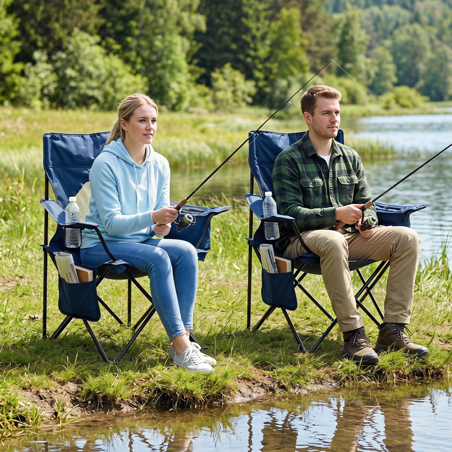 Folding Camping Chair with Mesh Fabric Backrest Solid Metal Frame and Carrying Bag-Blue