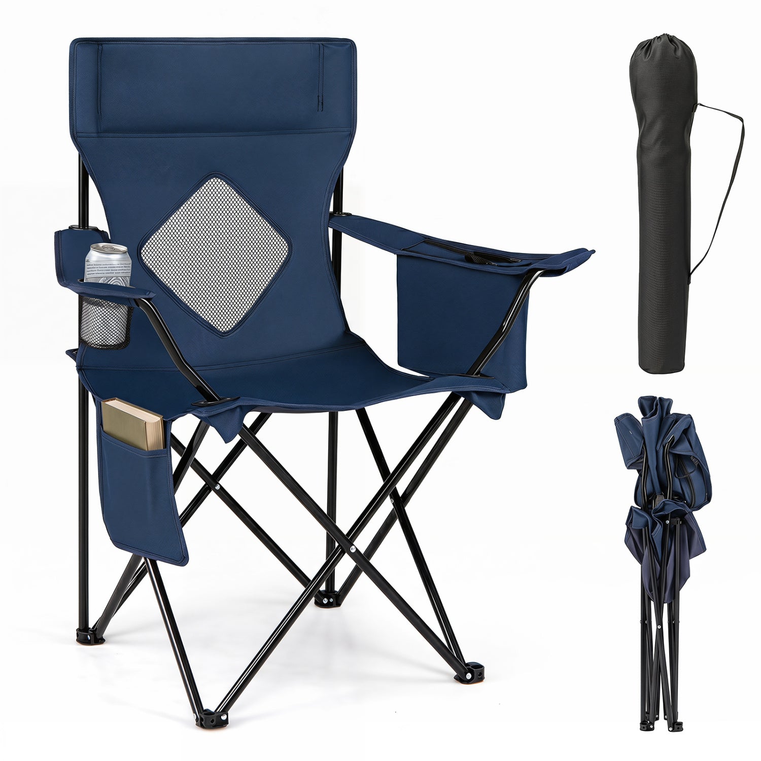 Folding Camping Chair with Mesh Fabric Backrest Solid Metal Frame and Carrying Bag-Blue