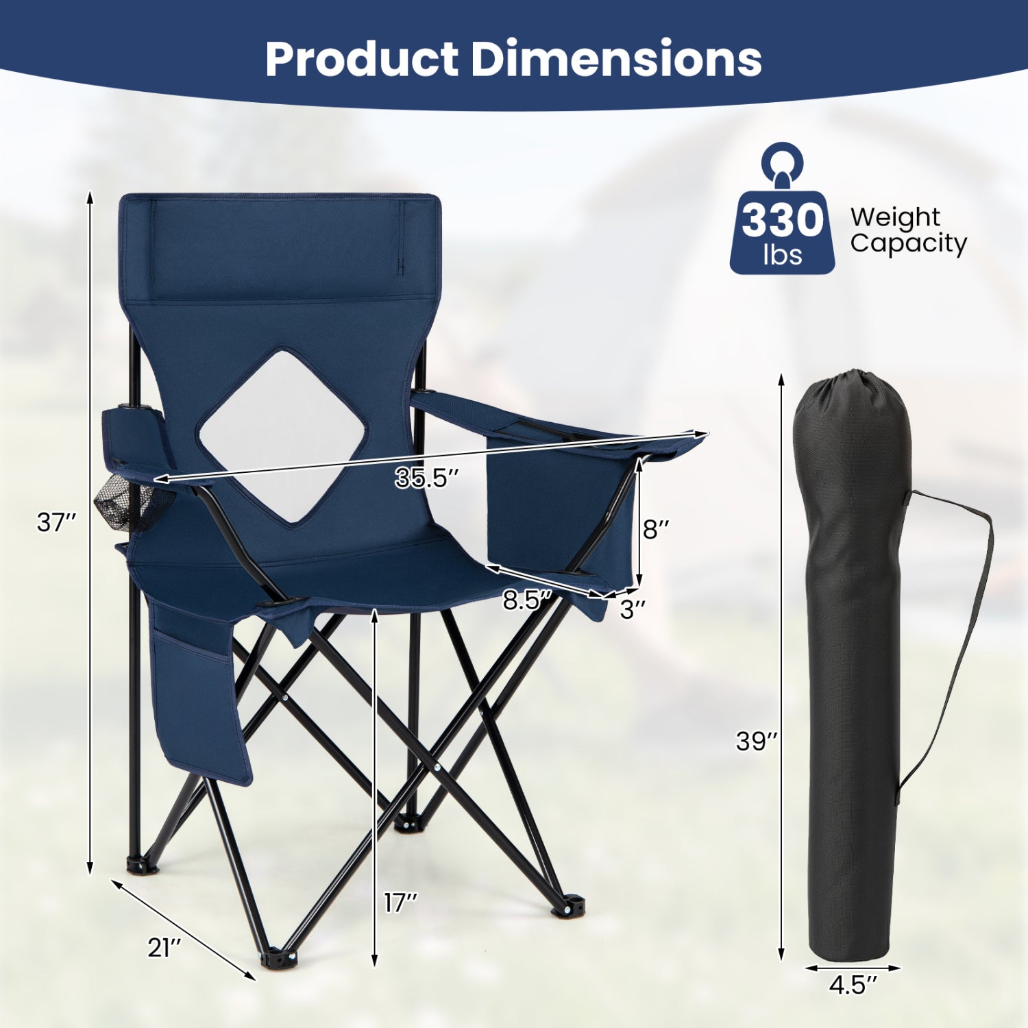 Folding Camping Chair with Mesh Fabric Backrest Solid Metal Frame and Carrying Bag-Blue