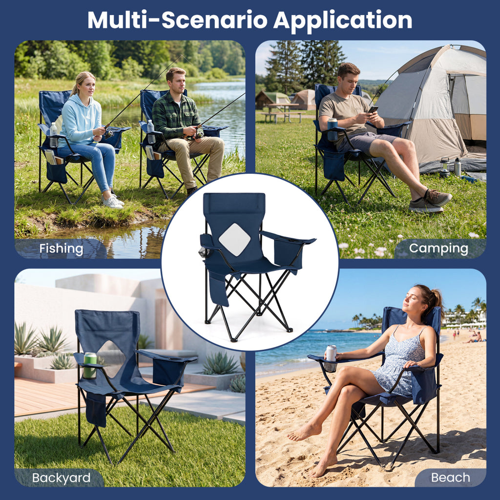 Folding Camping Chair with Mesh Fabric Backrest Solid Metal Frame and Carrying Bag-Blue