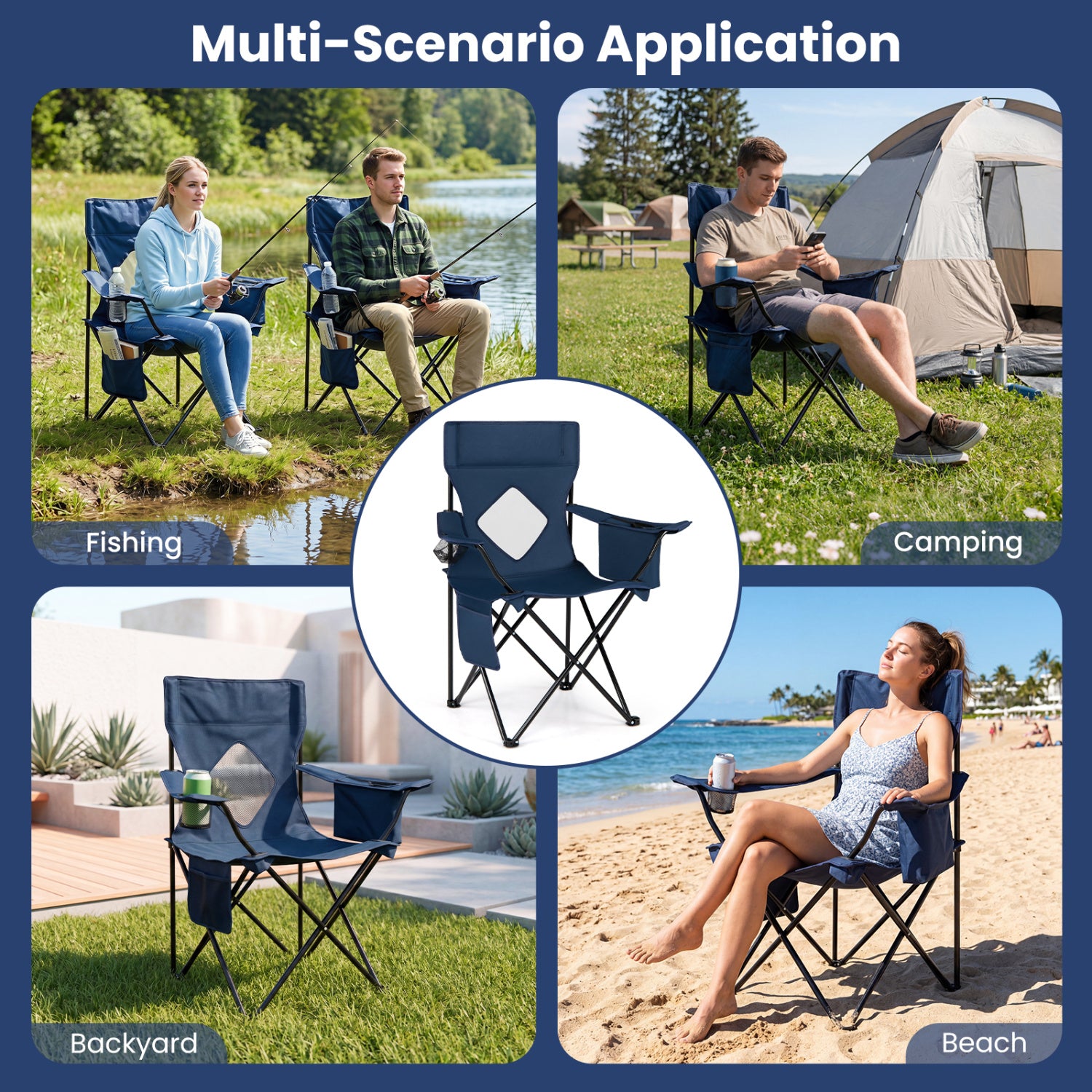 Folding Camping Chair with Mesh Fabric Backrest Solid Metal Frame and Carrying Bag-Blue