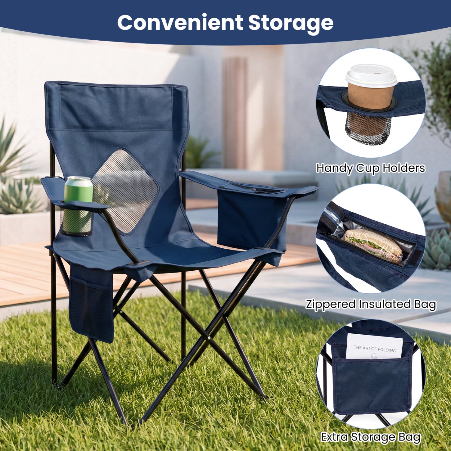 Folding Camping Chair with Mesh Fabric Backrest Solid Metal Frame and Carrying Bag-Blue
