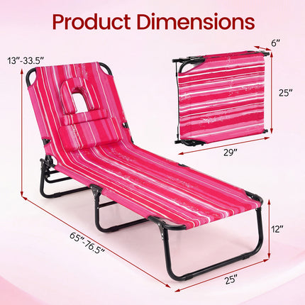 Folding Face Down Tanning Chair with Face Hole 3 Removable Pillows-Pink Stripe