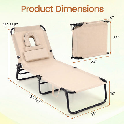 Folding Face Down Tanning Chair with Face Hole 3 Removable Pillows-Beige