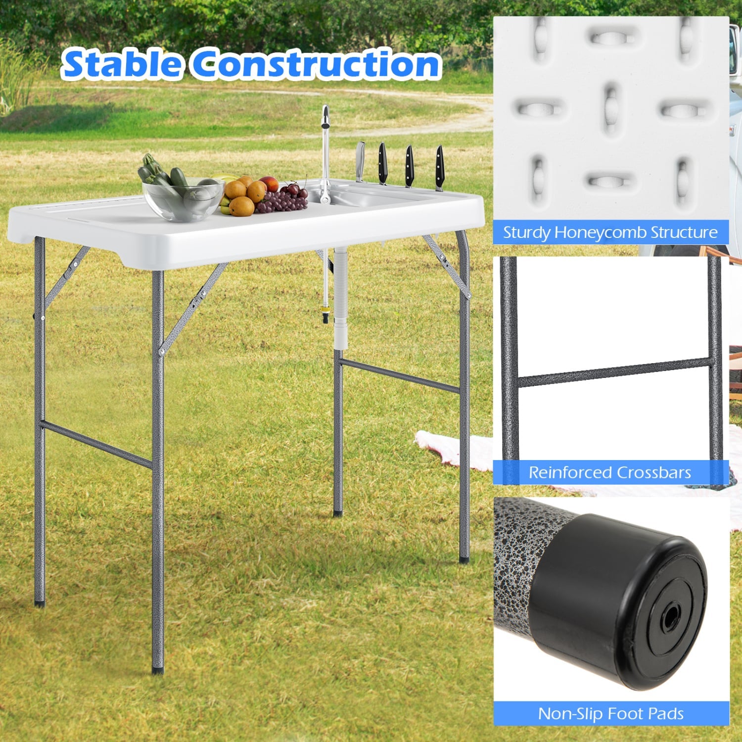 Folding Fish Cleaning Table with Rotatable Faucet & Drainage Hose for Fishing