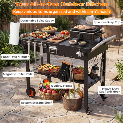 Folding Grill Cart for 17 and 22 Inch Griddles with Heat-Resistant Mat