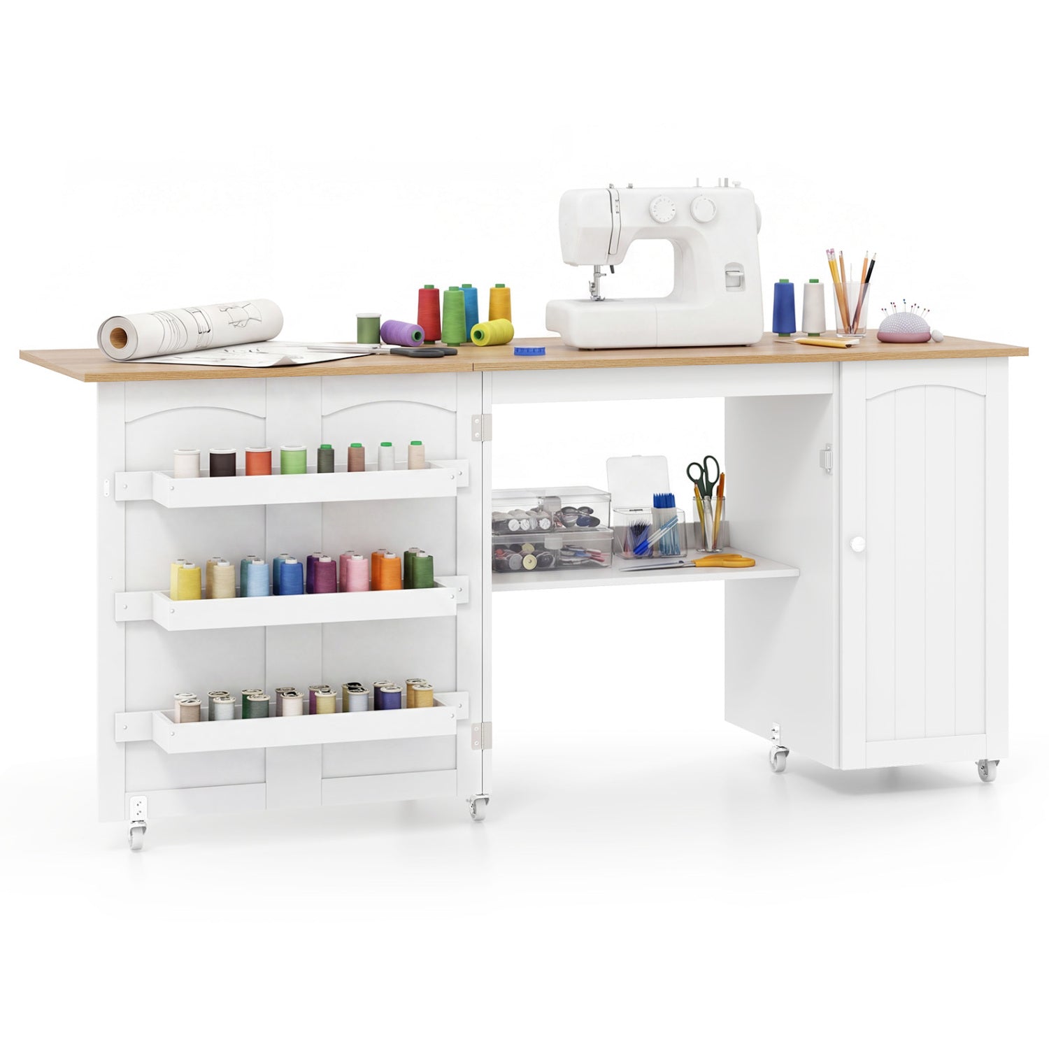 Folding Large Sewing Table Storage Shelves and Lockable Casters-Beige