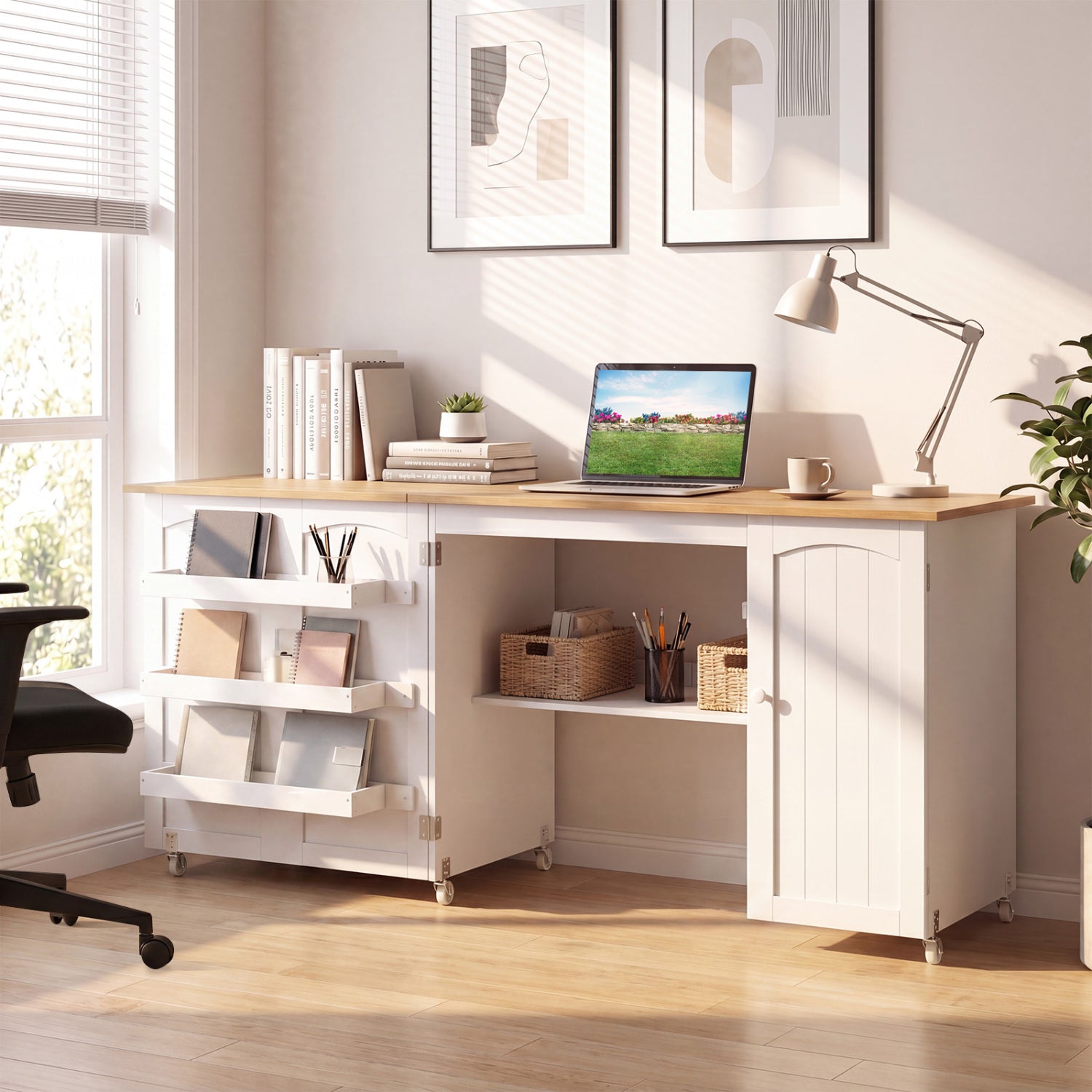 Folding Large Sewing Table Storage Shelves and Lockable Casters-Beige