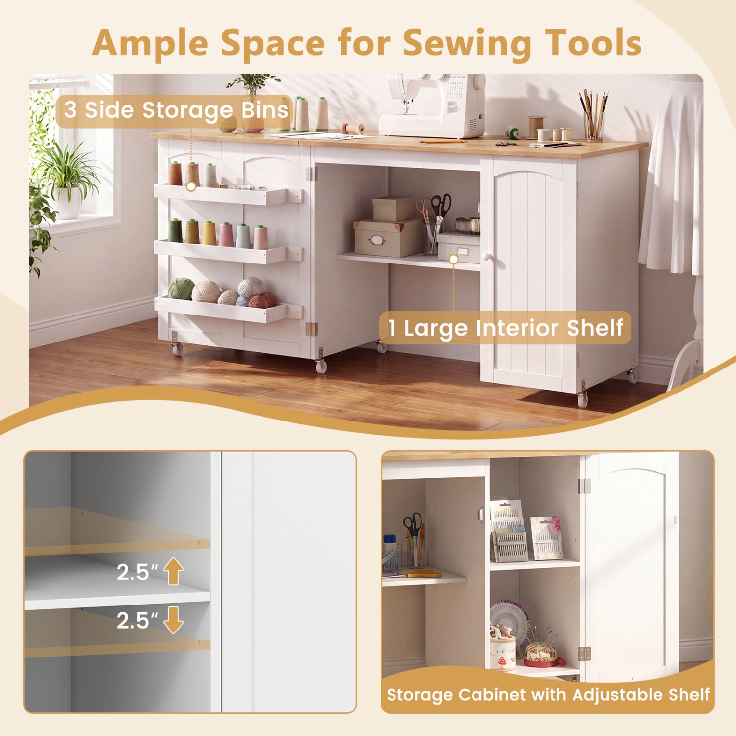 Folding Large Sewing Table Storage Shelves and Lockable Casters-Beige