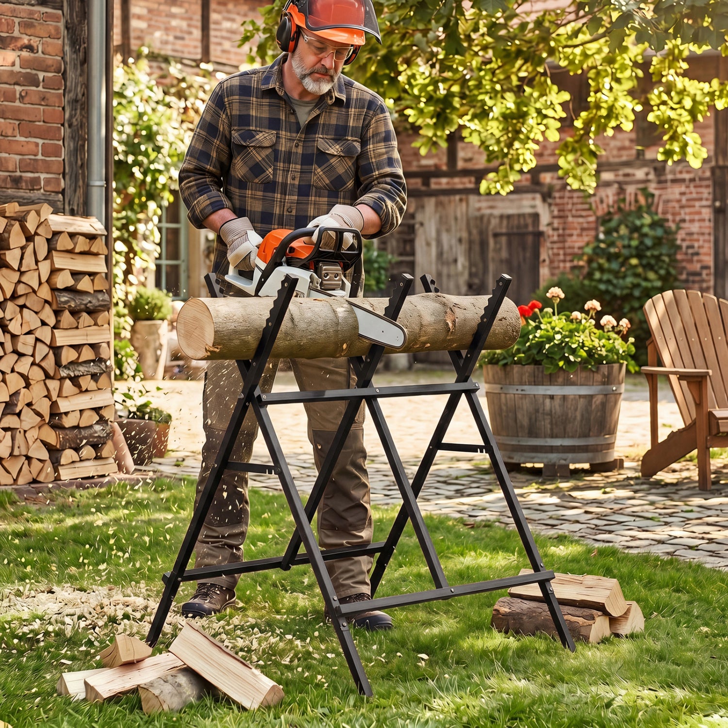Folding Log Saw Horse with Anti-Slip Sawteeth and Non-Slip Foot Pads Heavy Duty-Black