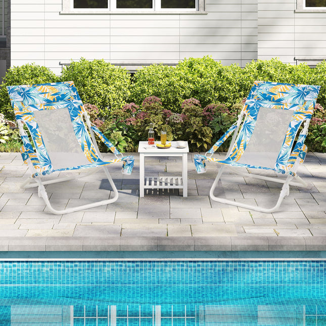Folding Low Beach Chair Set of 2 Patio Sling Chairs with Padded Head Pillow-Blue