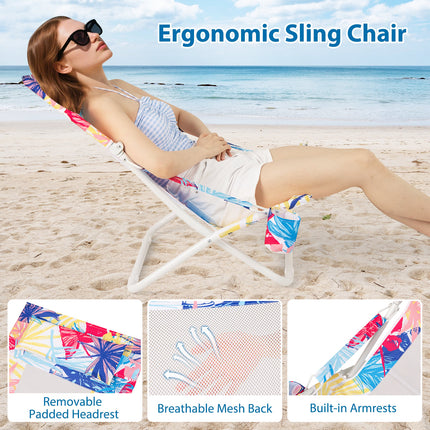 Folding Low Beach Chair Set of 2 Patio Sling Chairs with Padded Head Pillow-Pink