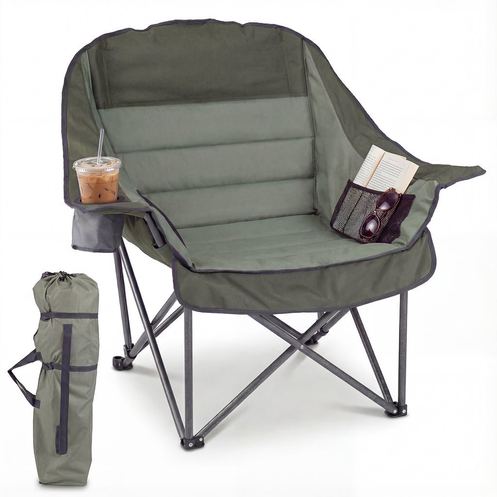 Chaise de camping pliable surdimensionnée avec poches latérales et porte-gobelet - Verte