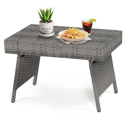 Folding PE Rattan Side Coffee Table Patio Garden Furniture-Gray