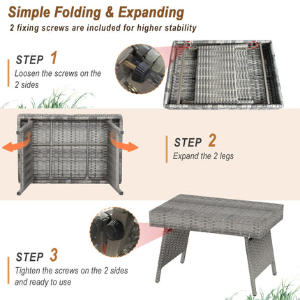 Folding PE Rattan Side Coffee Table Patio Garden Furniture-Gray