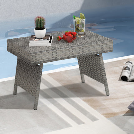 Folding PE Rattan Side Coffee Table Patio Garden Furniture-Gray