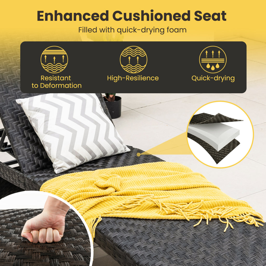 Folding Padded Rattan Patio Chaise Lounge with Adjustable Backrest Set of 2