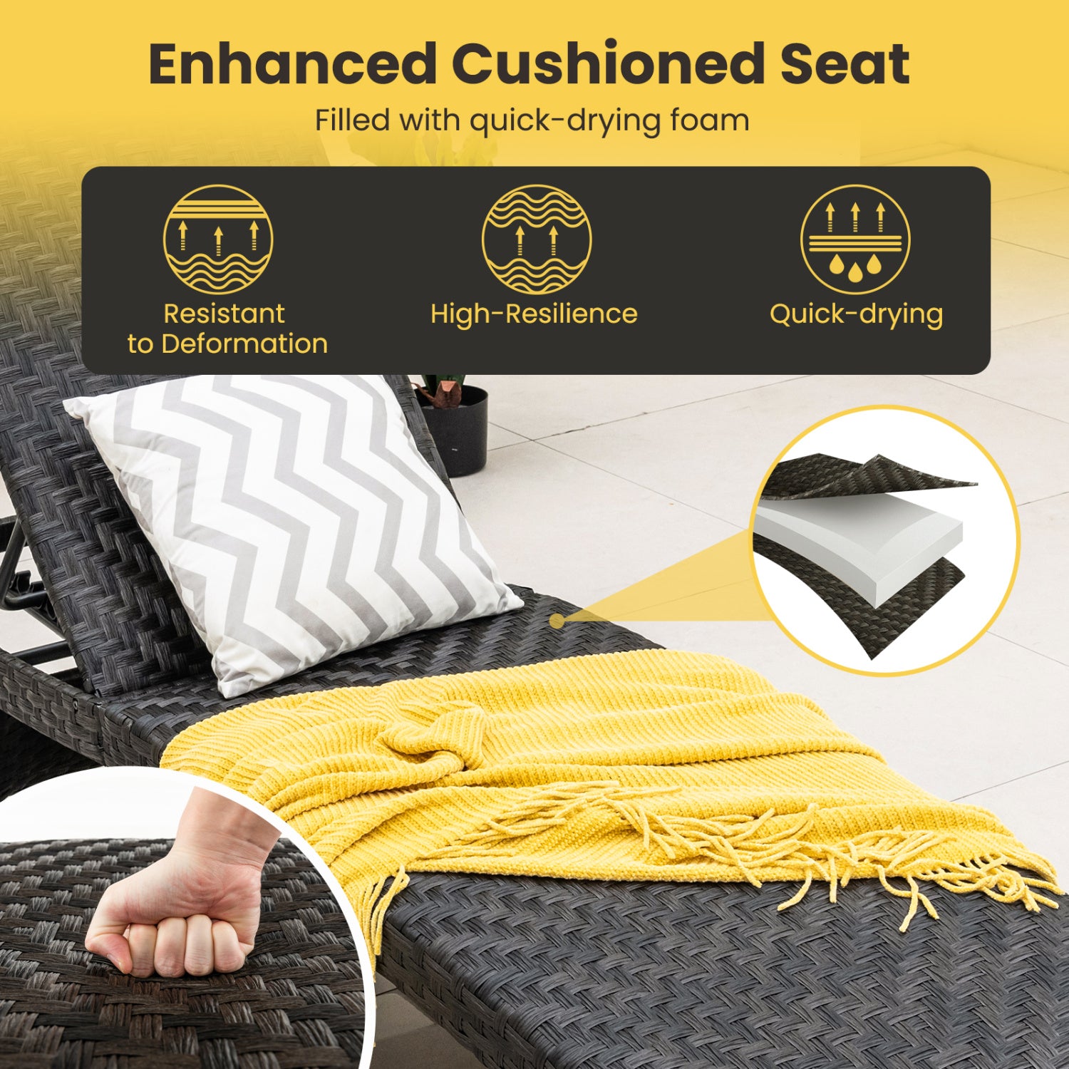 Folding Padded Rattan Patio Chaise Lounge with Adjustable Backrest Set of 2
