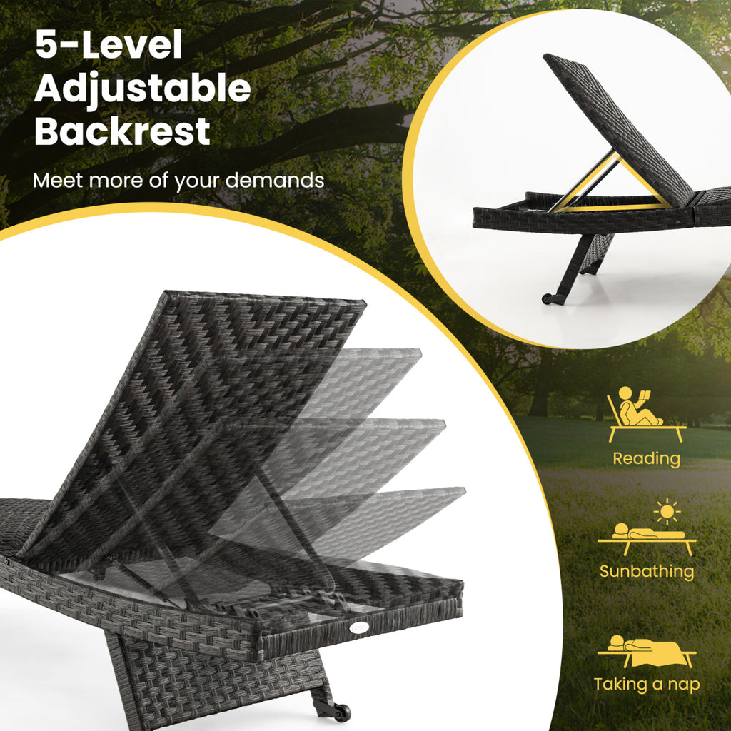 Folding Padded Rattan Patio Chaise Lounge with Adjustable Backrest Set of 2