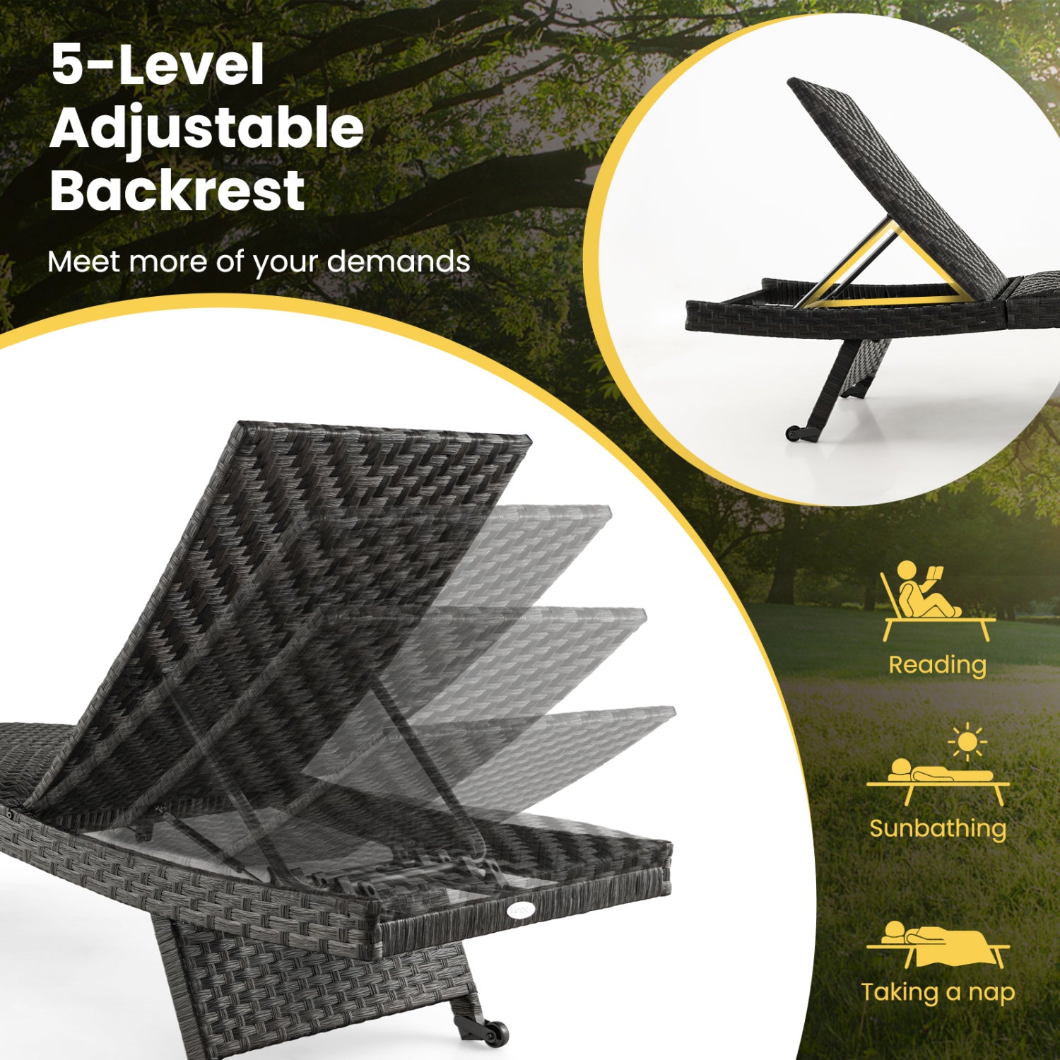 Folding Padded Rattan Patio Chaise Lounge with Adjustable Backrest Set of 2