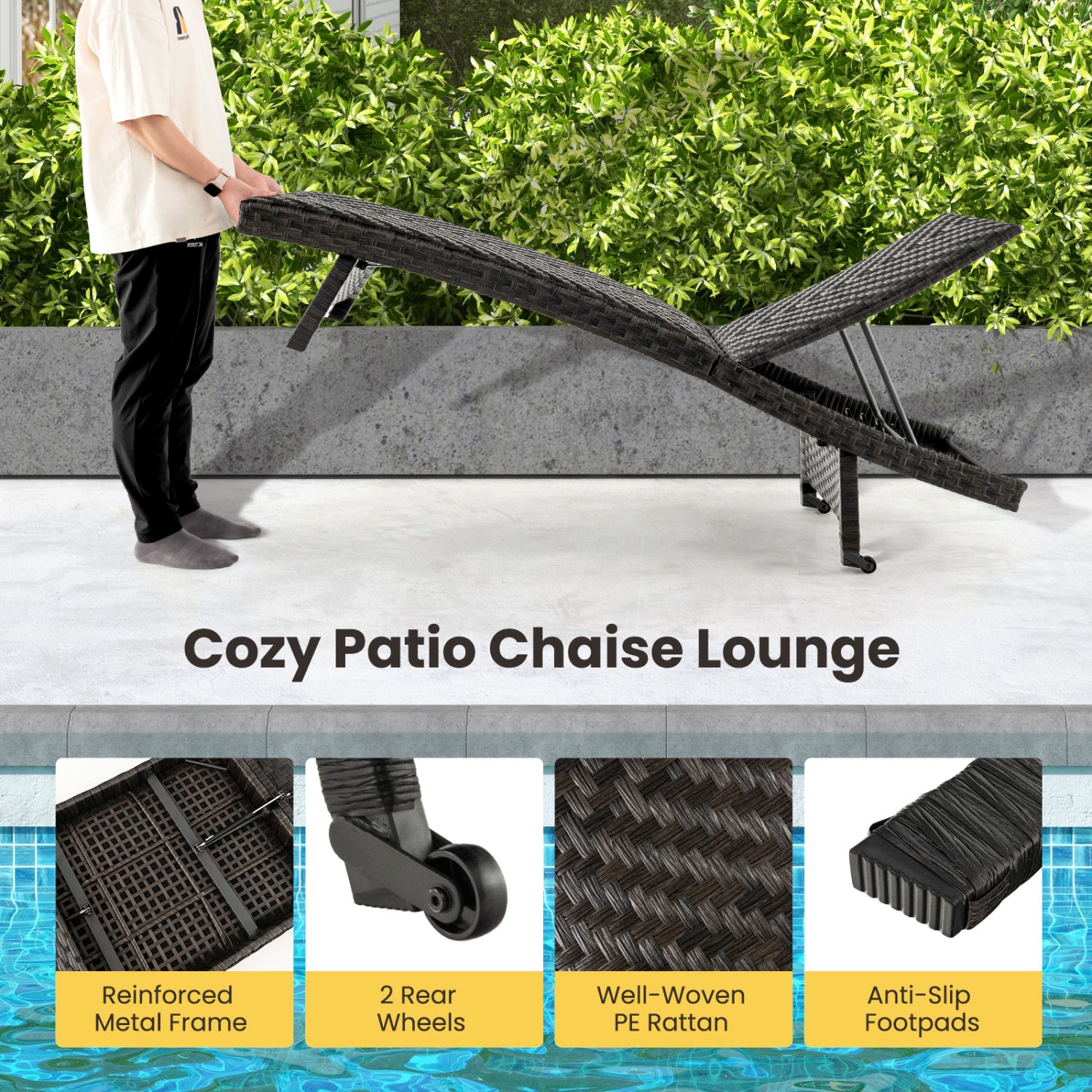 Folding Padded Rattan Patio Chaise Lounge with Adjustable Backrest Set of 2