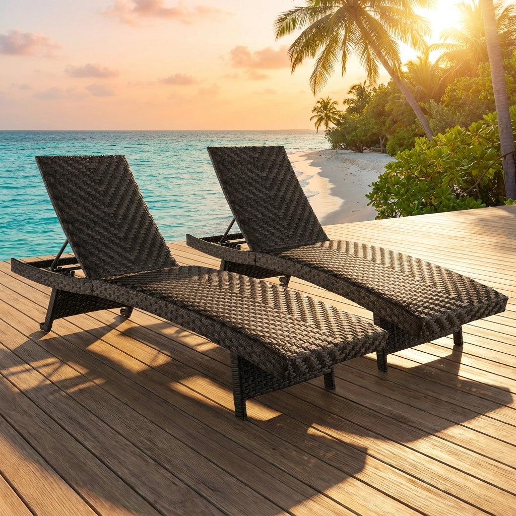 Folding Padded Rattan Patio Chaise Lounge with Adjustable Backrest Set of 2