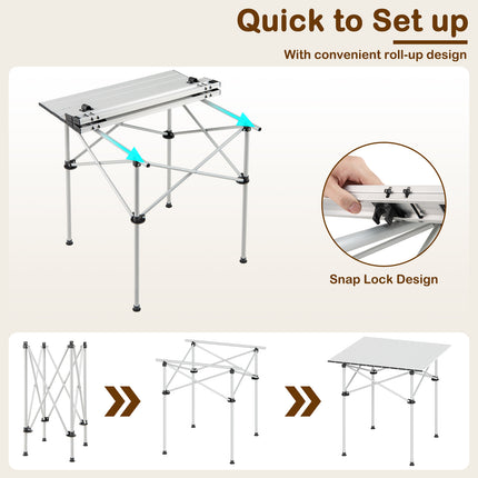 Folding Roll-up Camping Table with Metal Legs-Silver