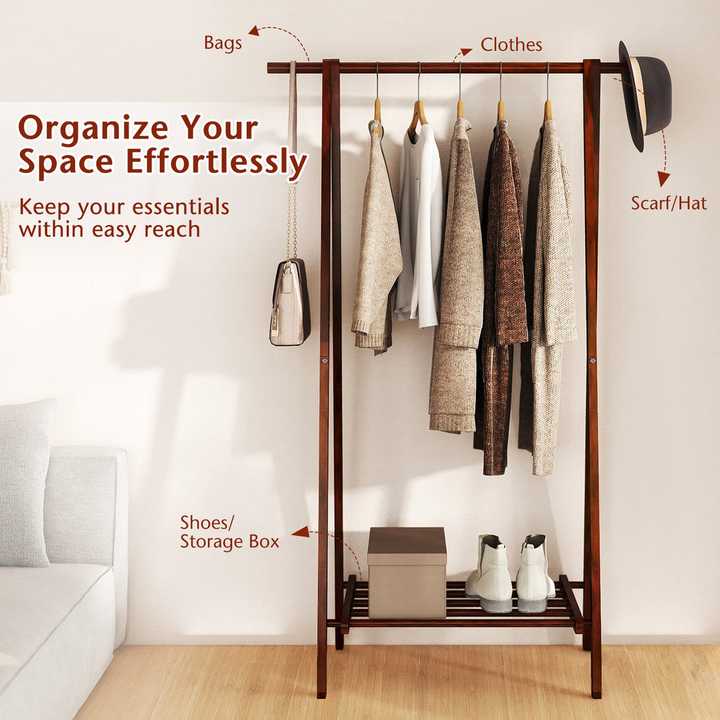 Folding Rubber Wood Clothes Hanging Rack Standing Garment Rack with Bottom Storage Shelf-Walnut