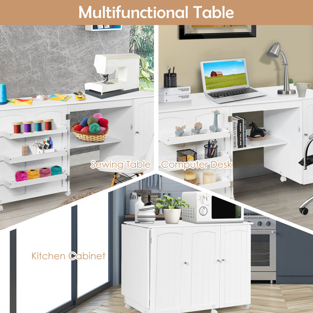 Folding Sewing Table Shelves Storage Cabinet Craft Cart with Wheels-White