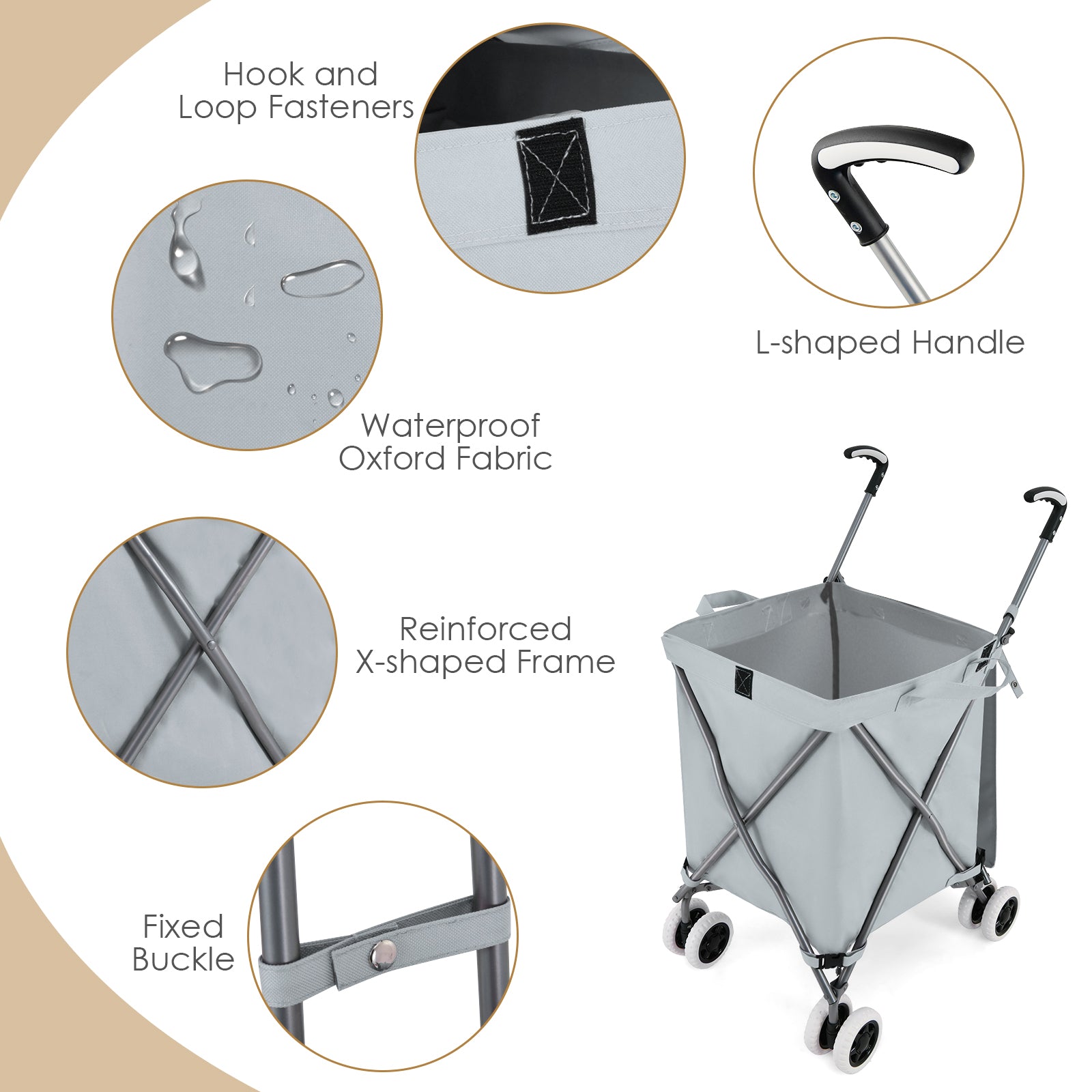 Folding Shopping Utility Cart with Water-Resistant Removable Canvas Bag-Grey