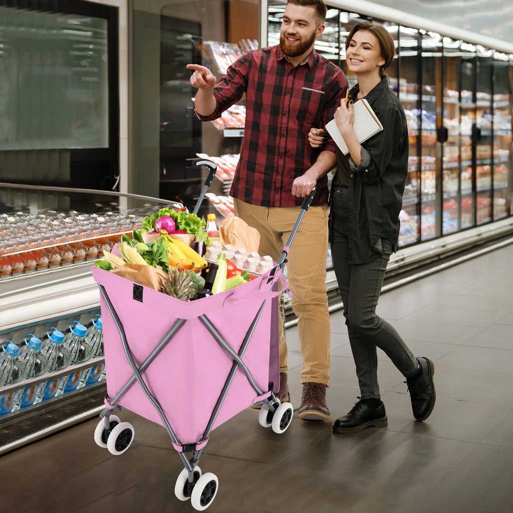 Folding Shopping Utility Cart with Water-Resistant Removable Canvas Bag-Pink