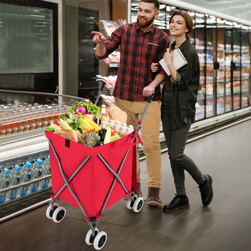 Folding Shopping Utility Cart with Water-Resistant Removable Canvas Bag-Red