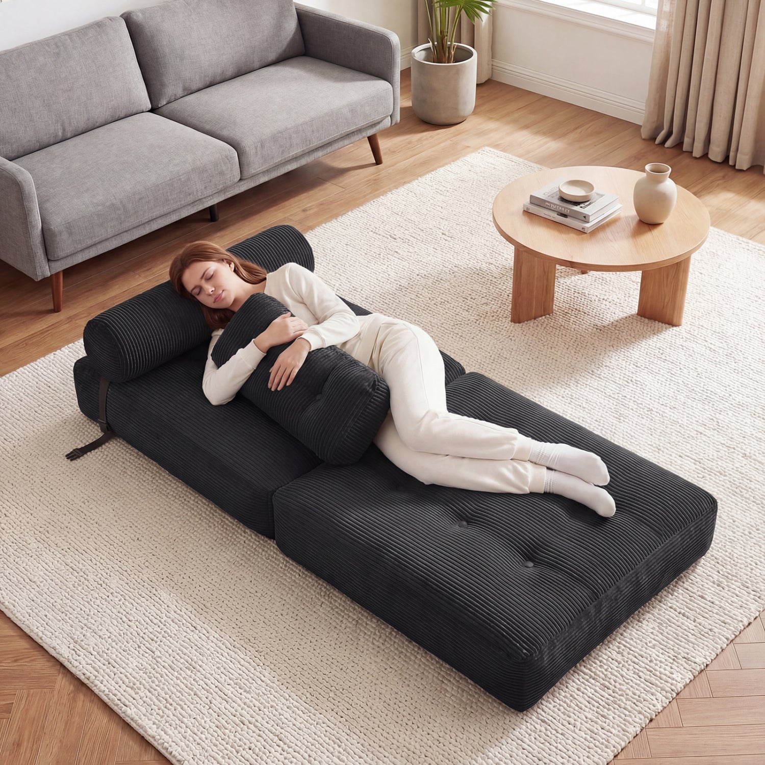 Folding Sofa Bed with Pillow and Back Support for Living Room-Black