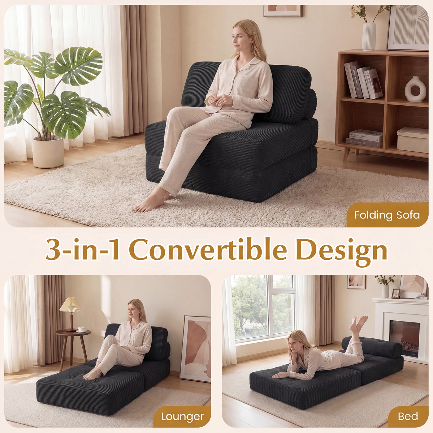 Folding Sofa Bed with Pillow and Back Support for Living Room-Black