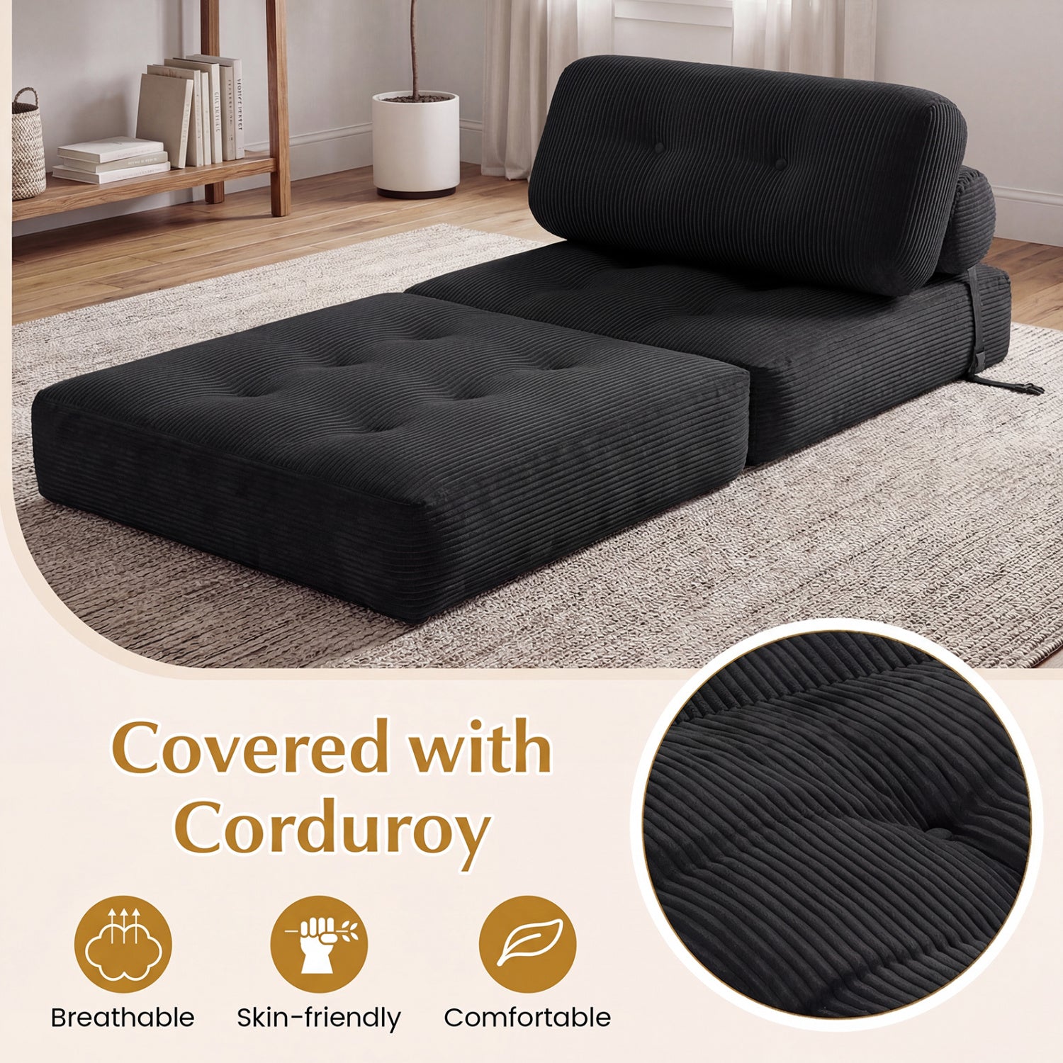 Folding Sofa Bed with Pillow and Back Support for Living Room-Black