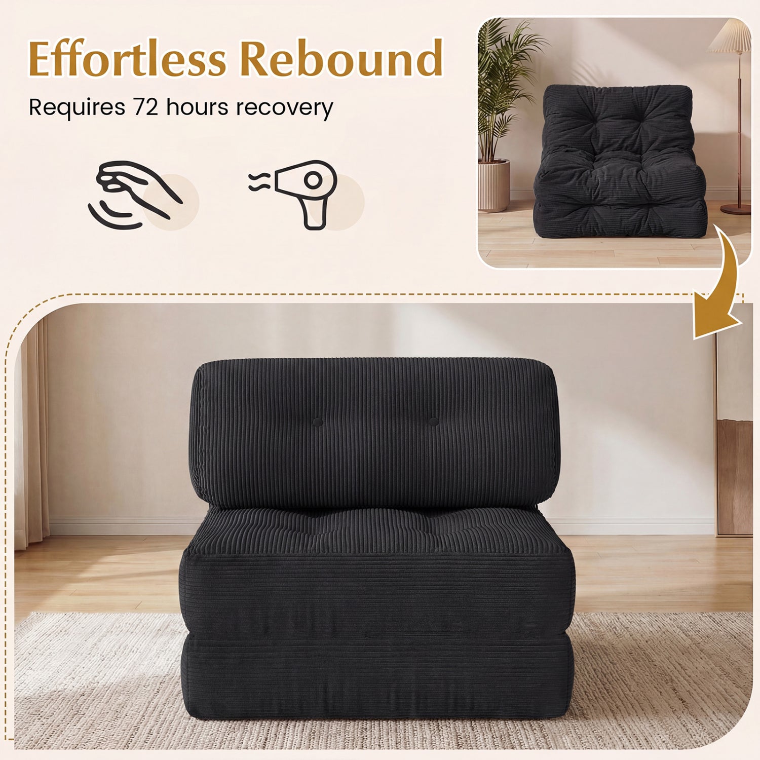 Folding Sofa Bed with Pillow and Back Support for Living Room-Black