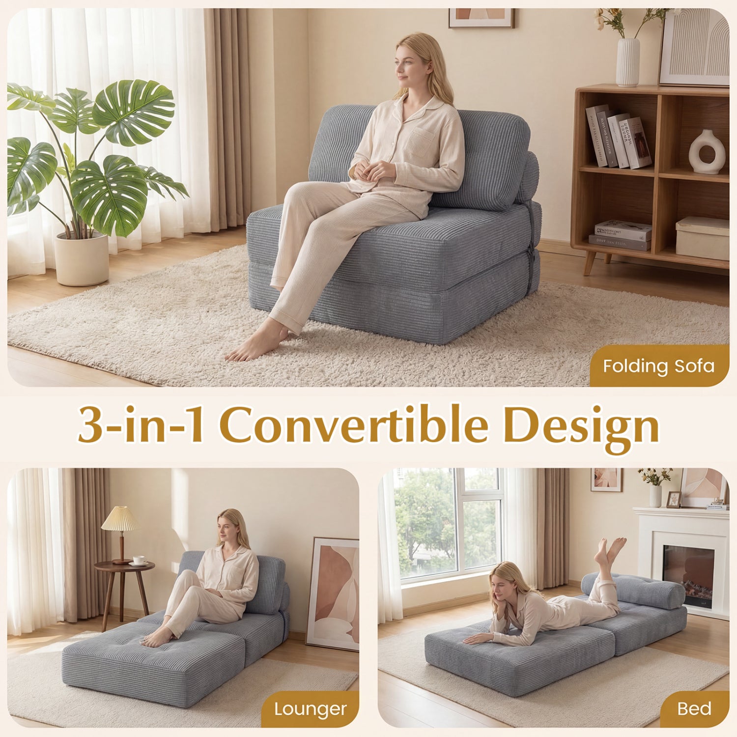 Folding Sofa Bed with Pillow and Back Support for Living Room-Gray