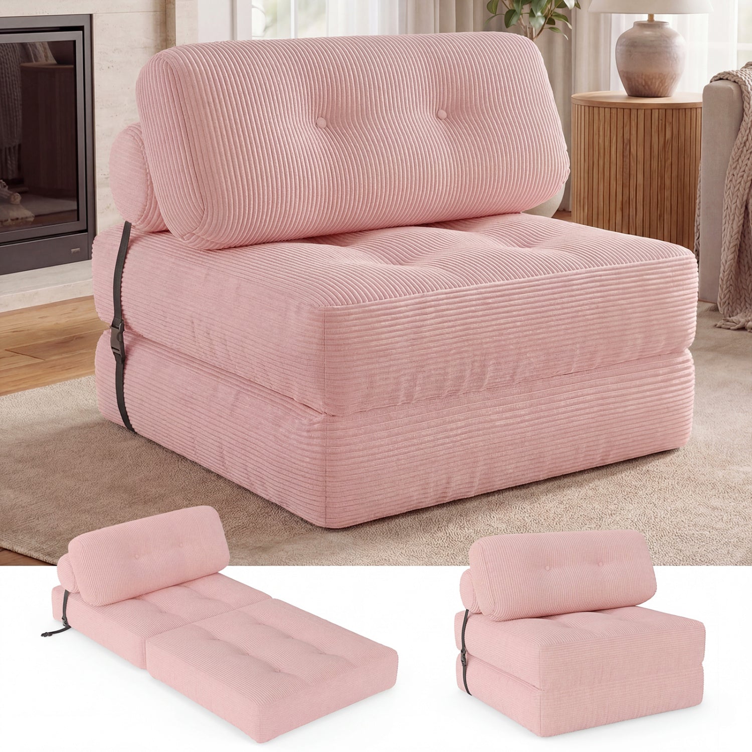 Folding Sofa Bed with Pillow and Back Support for Living Room-Pink