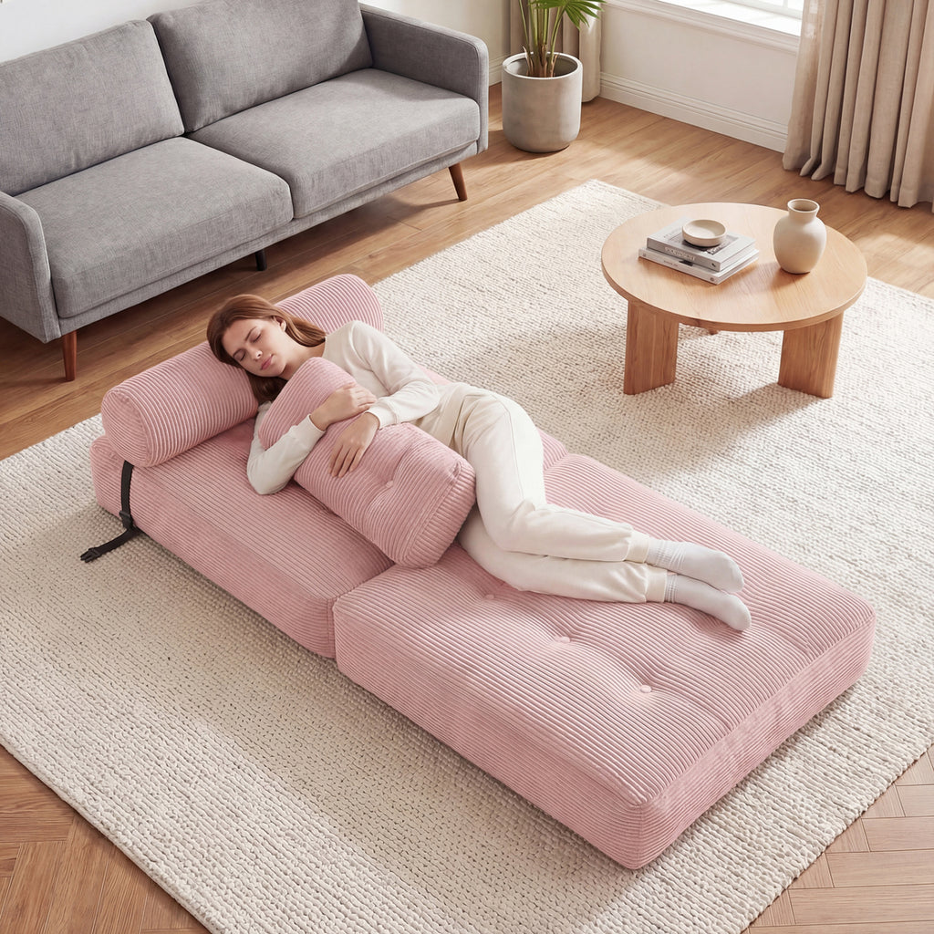 Folding Sofa Bed with Pillow and Back Support for Living Room-Pink