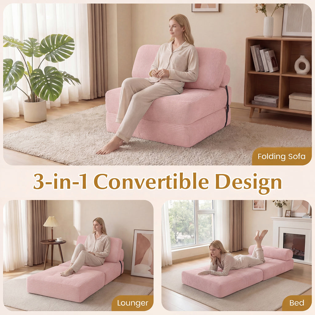 Folding Sofa Bed with Pillow and Back Support for Living Room-Pink